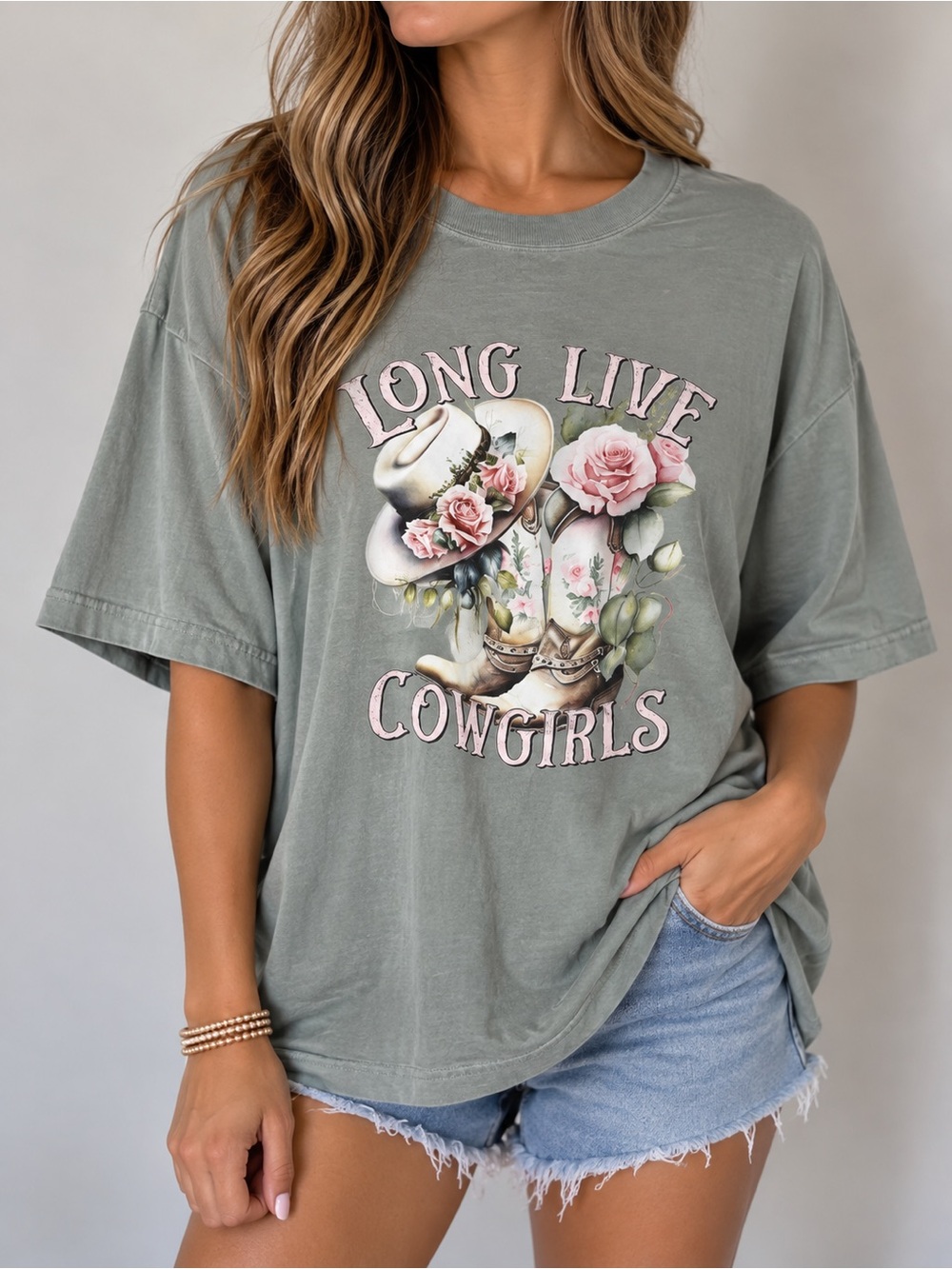 Comfort Colors Sage Green Long Live Cowgirls Graphic Tee